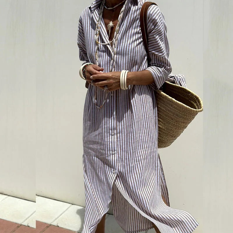 Janice Elegant Striped Shirt Dress